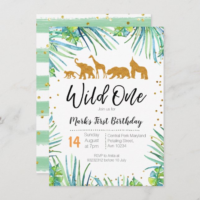 Wild One Birthday Invitation Jungle Animals Party (Front/Back)