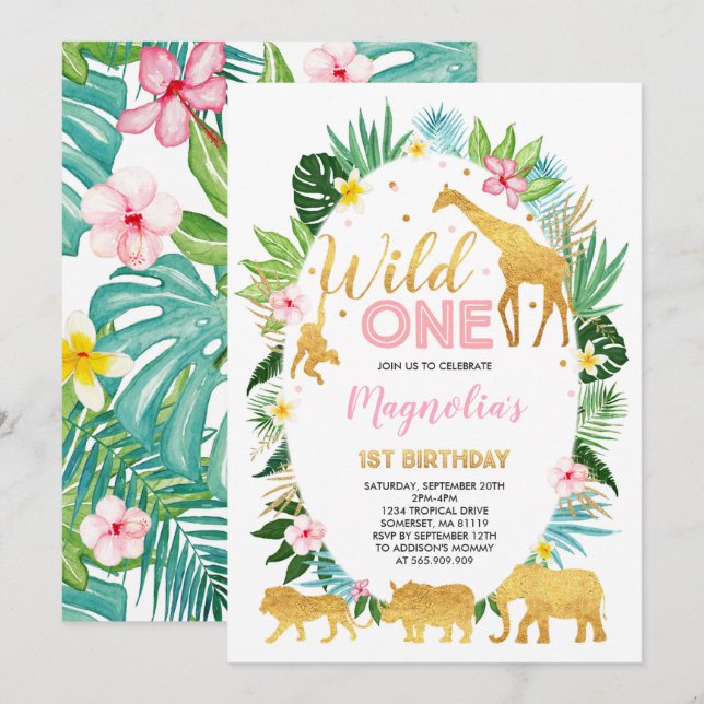 Wild One Birthday Invitation Jungle Animals Party (Front/Back)