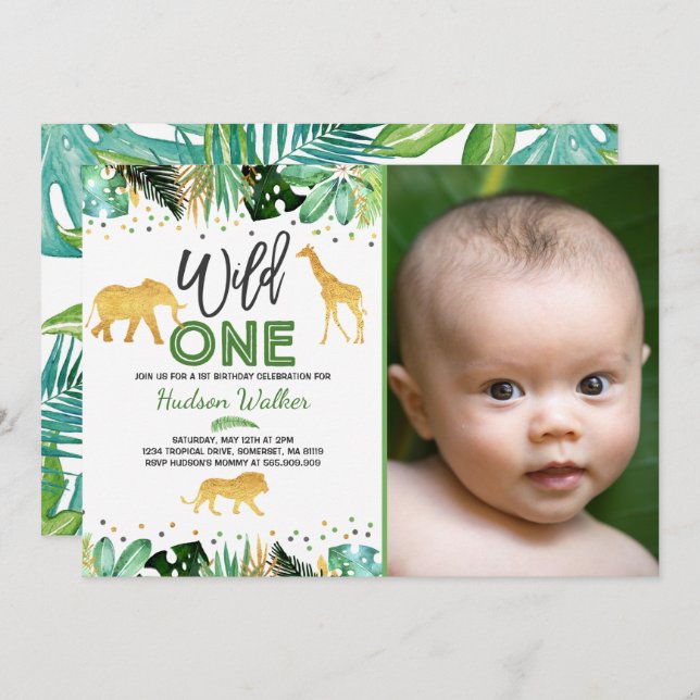 Wild One Birthday Invitation Jungle Animals Party (Front/Back)