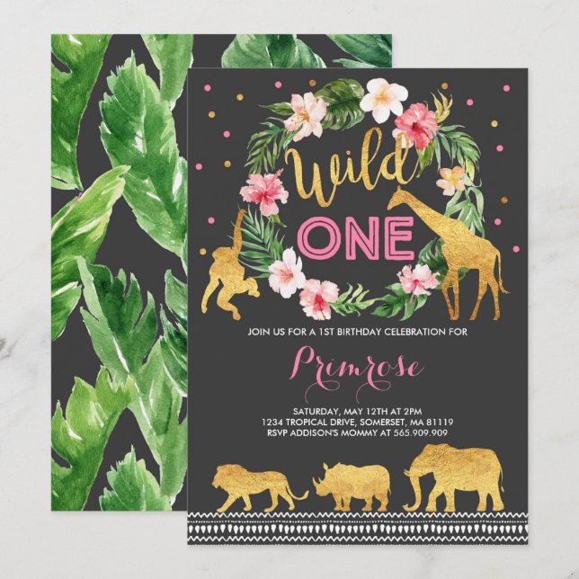 Wild One Birthday Invitation Jungle Animals Party (Front/Back)