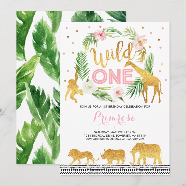 Wild One Birthday Invitation Jungle Animals Party (Front/Back)