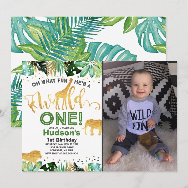 Wild One Birthday Invitation Jungle Animals Party (Front/Back)