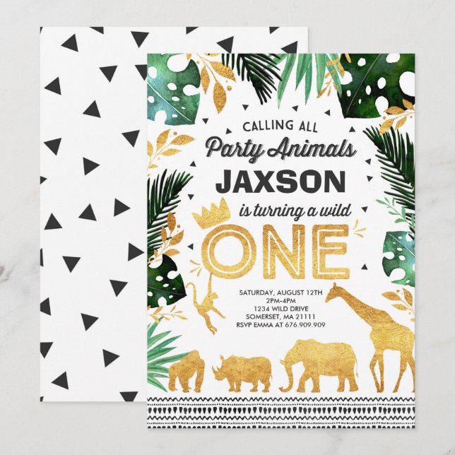 Wild One Birthday Invitation Jungle Animals Party (Front/Back)