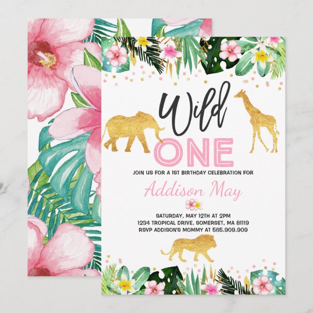 Wild One Birthday Invitation Jungle Animals Party (Front/Back)
