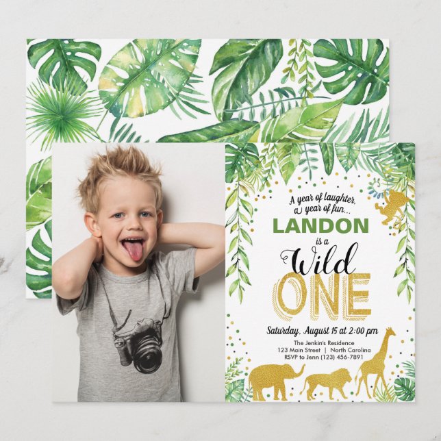 Wild One Birthday Invitation Jungle Safari Animals (Front/Back)
