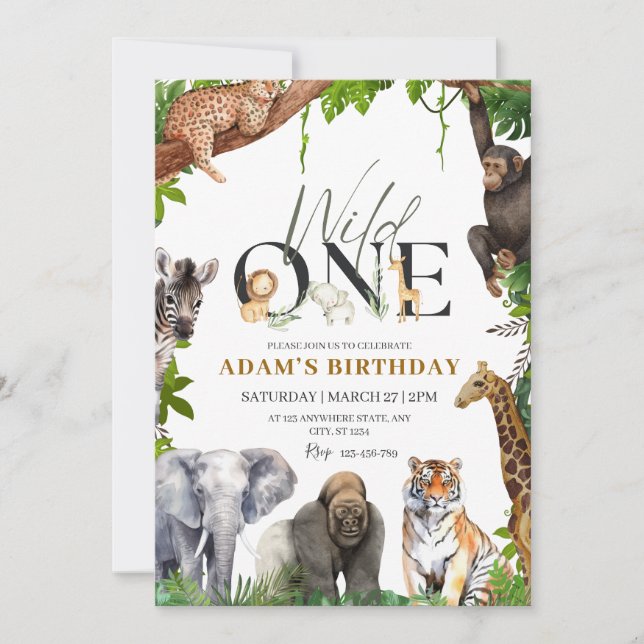 Wild One Birthday Invitation, Safari 1st Birthday Invitation (Front)