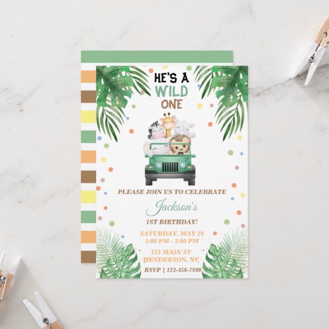 Wild One Birthday Invitation Safari Animals (Front/Back In Situ)