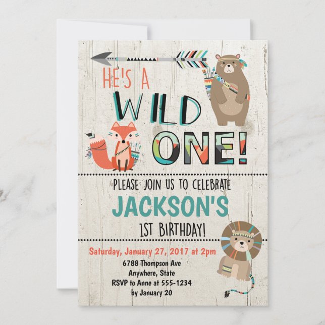 Wild One Birthday Invitation - Tribal Animals (Front)