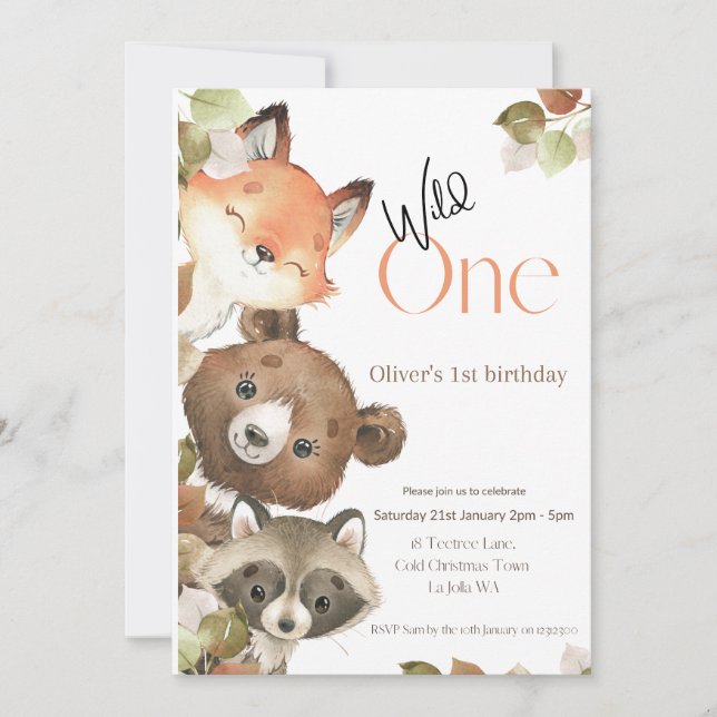 Wild One Birthday invitation - Woodland Animals (Front)