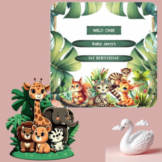 Wild One Birthday Jungle Safari Tropical Greenery Square Sticker