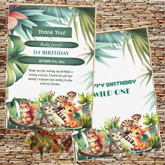 Wild One Birthday Jungle Safari Tropical Greenery Thank You Card