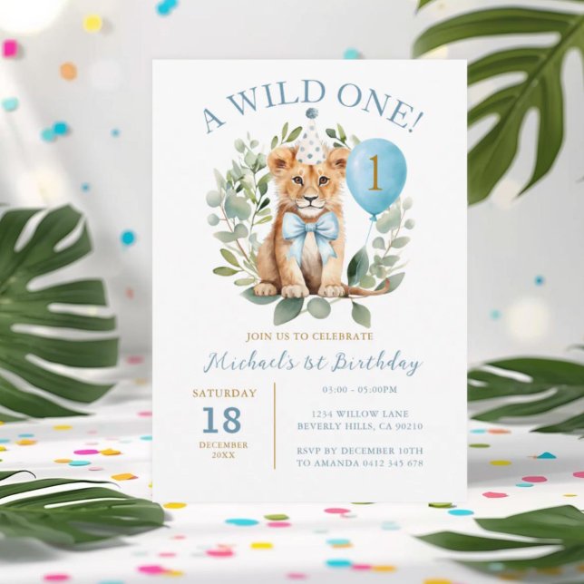 Wild One Birthday Lion Boy Birthday Floral Bow tie Invitation (Creator Uploaded)