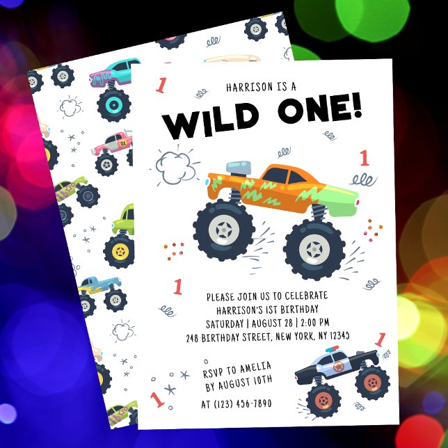 Wild One Birthday Modern Kids Monster Car Trucks Invitation (Creator Uploaded)