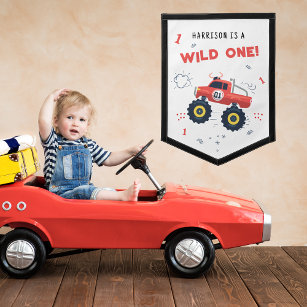 Wild One Birthday Modern Kids Monster Car Trucks Pennant