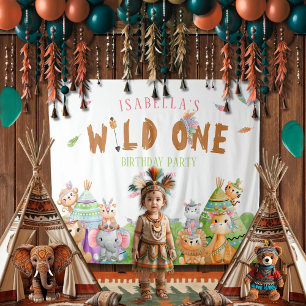 Wild One Birthday Party Backdrop with Animals Tapestry