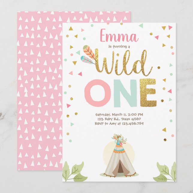 Wild One Birthday Teepee Boho Tribal Pink Girl Invitation (Front/Back)