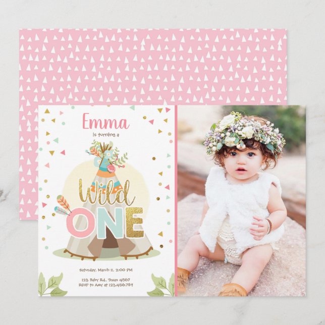 Wild One Birthday Teepee Boho Tribal Pink Girl Invitation (Front/Back)