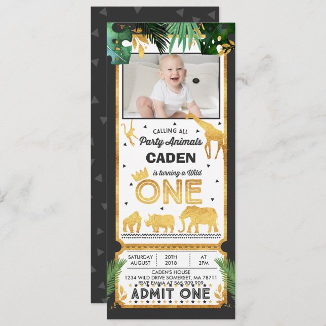 Wild One Birthday Ticket Invitation Jungle Animals (Front/Back)