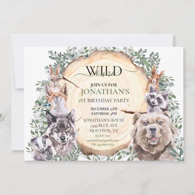 Wild One Birthday Woodland Tree Animal Party    Invitation (Front)