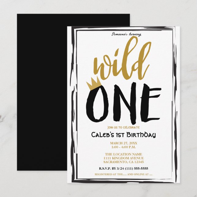 Wild One Black + Gold Photo 1 1st Birthday Invitation (Front/Back)