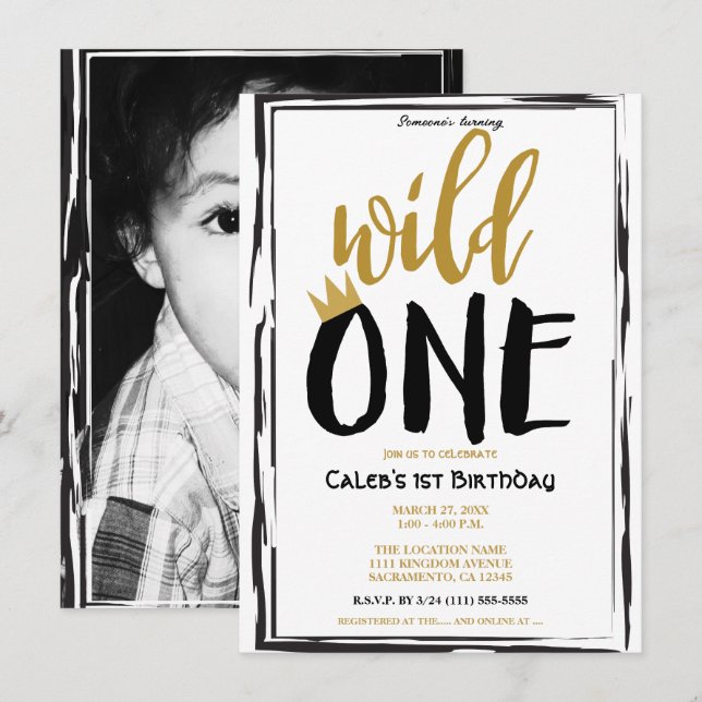 Wild One Black + Gold Photo 1 1st Birthday Invitation (Front/Back)