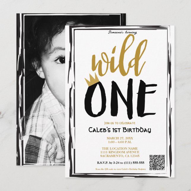 Wild One Black + Gold Photo 1 1st Birthday QR code Invitation (Front/Back)