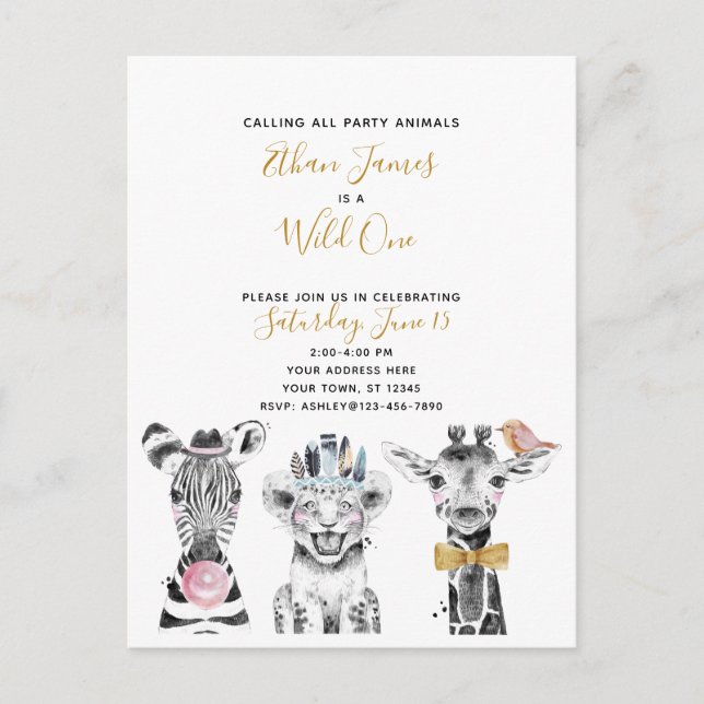 Wild One Black White Yellow Child's Birthday Party Invitation Postcard (Front)