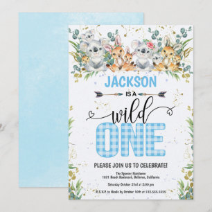 Wild One Blue Gingham Safari 1st Birthday Invitation