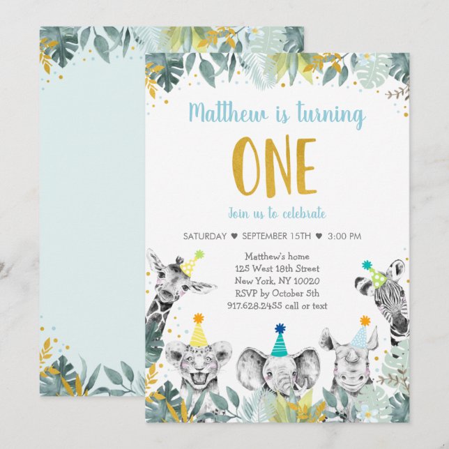 Wild One Blue Gold Party Animal Birthday Invitatio Invitation (Front/Back)