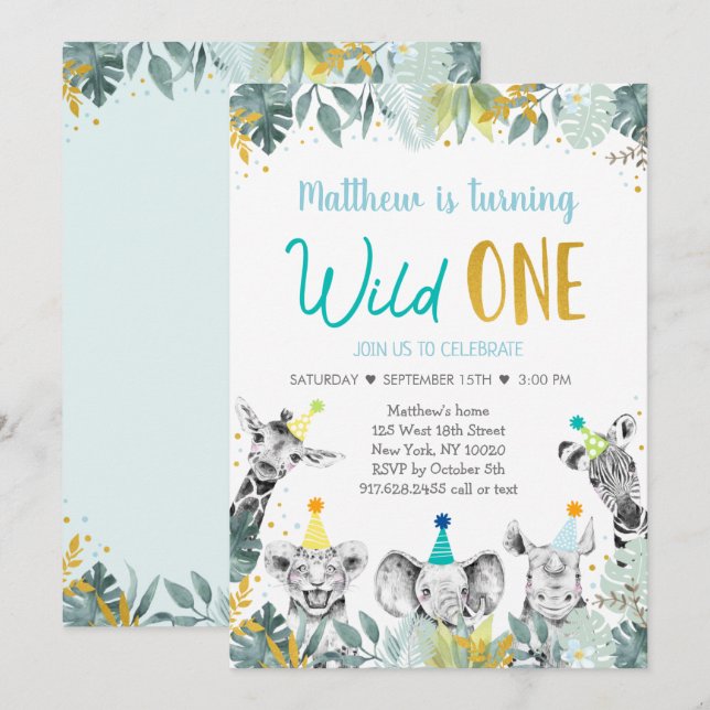 Wild One Blue Gold Party Animal Birthday Invitation (Front/Back)