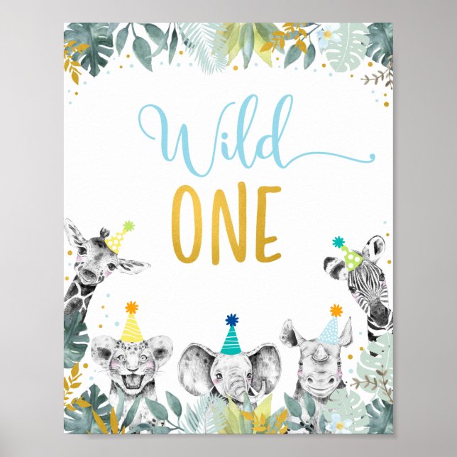 Wild One Blue Gold Party Animal Birthday Sign (Front)