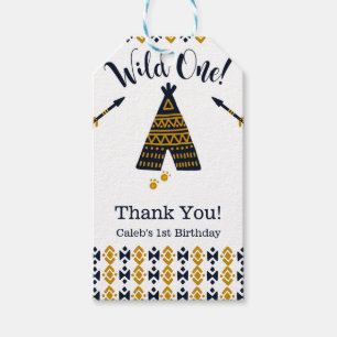 Wild One Blue Gold Tepee 1st Birthday Party Gift Tags