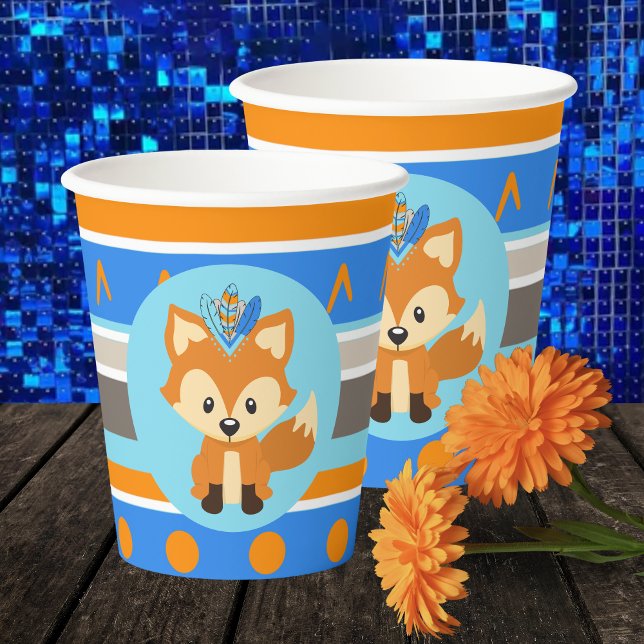 Wild One Blue Woodland Fox Party Paper Cups (Woodland Forest Fox Party Paper Cups. Featuring a tribal inspired pattern in Blue, Orange, and Brown)