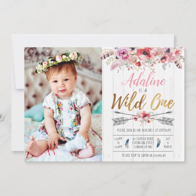 Wild One Boho Birthday Girls 1st birthday invite (Front)