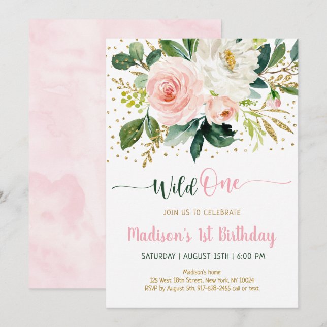 Wild One Boho Floral Pink Gold Birthday Invitation (Front/Back)