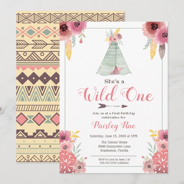 Wild One Boho Girls First Birthday Invitation (Front/Back)