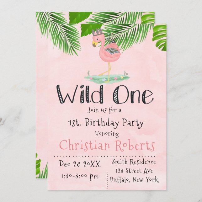 Wild One Boho Pink Flamingo Birthday Party  Invitation (Front/Back)