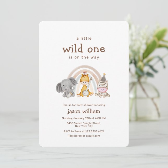 Wild One Boho Rainbow Safari Animals Baby Shower  Invitation (Standing Front)