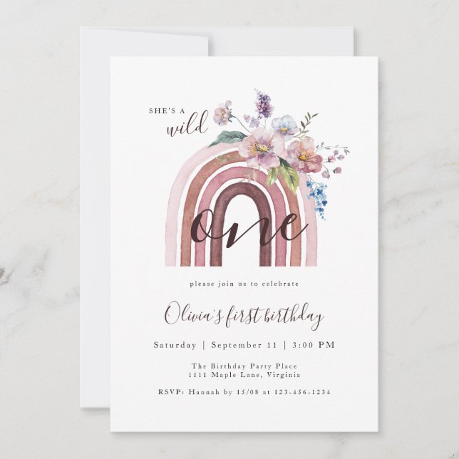 Wild & One Boho Wildflower Rainbow 1st Birthday Invitation (Front)