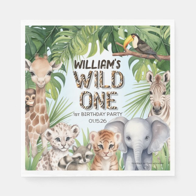 Wild one boy 1st birthday jungle animal themed napkin (Front)