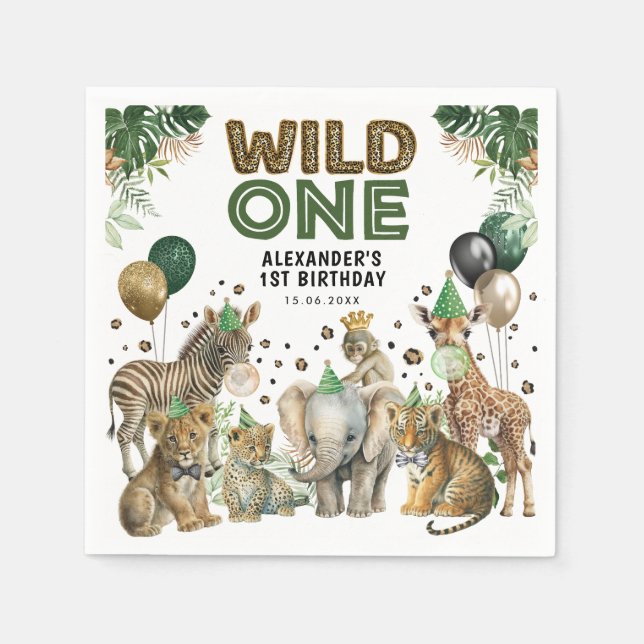 Wild One Boy 1st Birthday Safari Party Animals Napkin (Front)