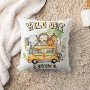 Wild one boys birthday safari animals throw pillow