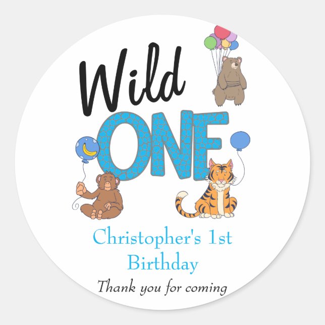 Wild One Boys First Birthday Safari Jungle Animals Classic Round Sticker (Front)
