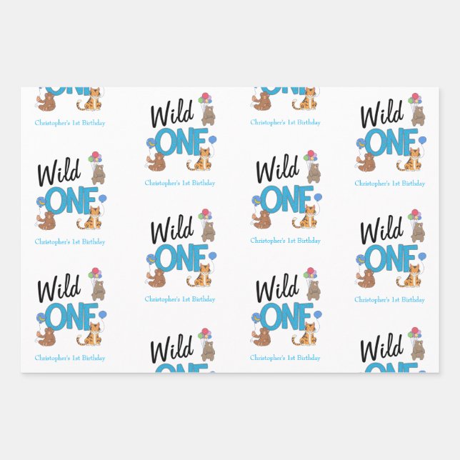 Wild One Boys First Birthday Safari Jungle Animals Wrapping Paper Sheet (Front)