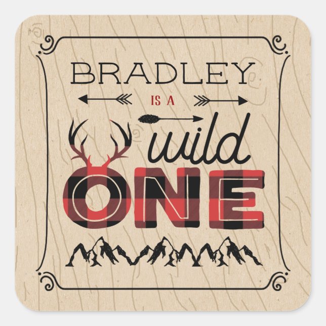 Wild One Boys Rustic Plaid Lumberjack 1st Birthday Square Sticker (Front)