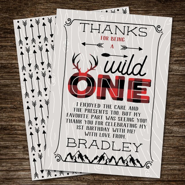 Wild One Boys Rustic Plaid Lumberjack 1st Birthday Thank You Card (Creator Uploaded)