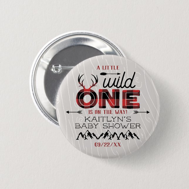 Wild One Boys Rustic Plaid Lumberjack Baby Shower 2 Inch Round Button (Front & Back)