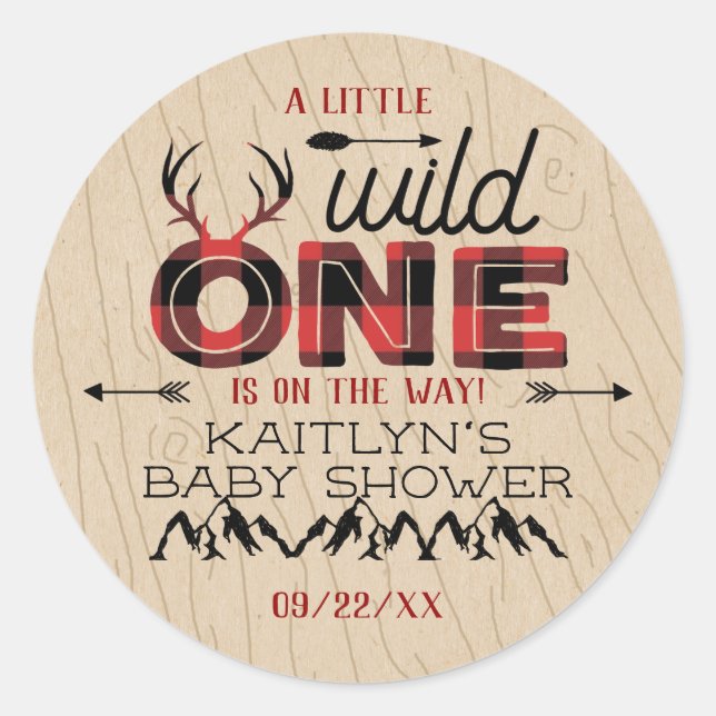 Wild One Boys Rustic Plaid Lumberjack Baby Shower Classic Round Sticker (Front)
