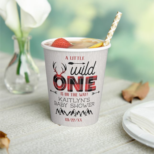 Wild One Boys Rustic Plaid Lumberjack Baby Shower Paper Cups (Insitu)