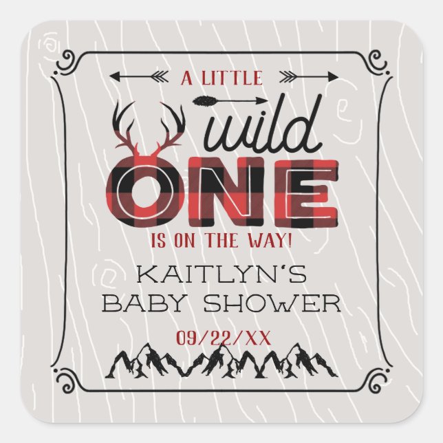 Wild One Boys Rustic Plaid Lumberjack Baby Shower Square Sticker (Front)